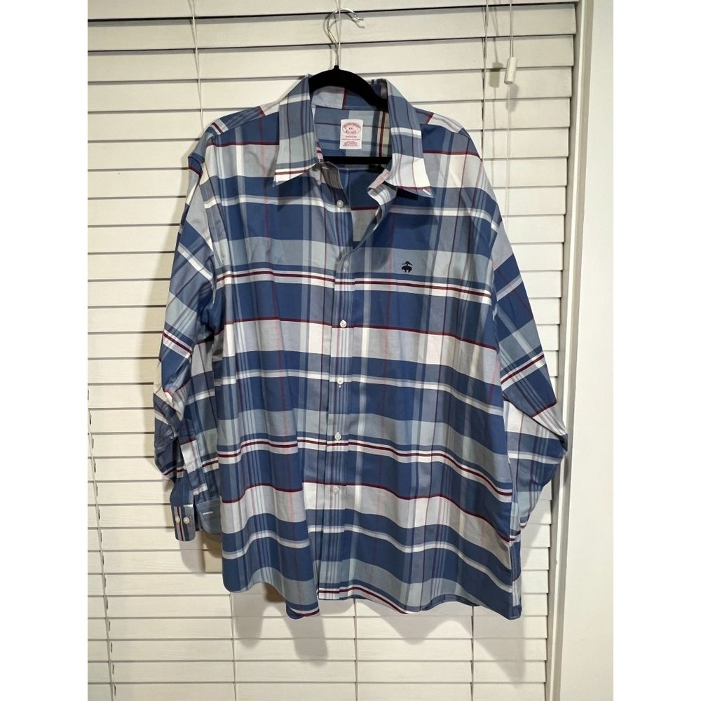 Brooks Brothers White and Blue‎ Madsion Long Sleeve Button Up Shirt - Size XXL